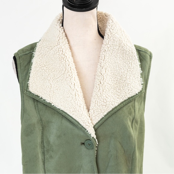 Gorpcore cozy warm faux Suede vest wide collar sherpa lining green Denim & Co XL - Picture 7 of 14